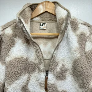 LIV Outdoor Aisley Tan & Cream Cow Print Sherpa Half Zip Pullover Pockets Size L thumbnail 10