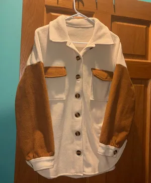 Cream and Tan Button Up Oversized Shacket Size Large Brown thumbnail 1