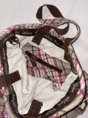 Thirty-one Plaid Distressed Canvas Tote Bag in Pink and Cream thumbnail 3