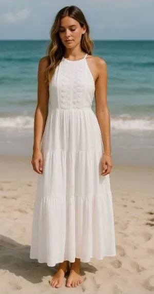 NEW Lulus Cream Crochet Embroidered Halter Tiered Boho Maxi Dress Beach Bridal thumbnail 1