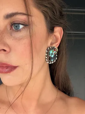 Free People Vintage 70s 80s chunky Turquoise and Black Glass Mable clip on Earrings #boho #statement #summer #y2k thumbnail 1