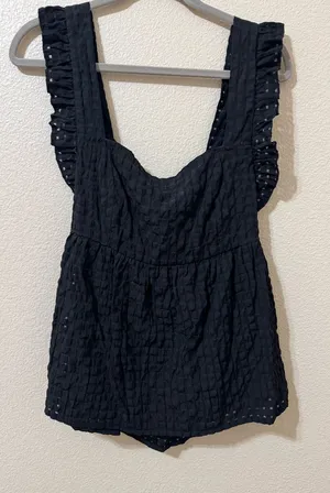 SHEIN Black Smocked Babydoll Top Ruffle Straps Tie-Back Boho Chic Size XL (12) thumbnail 1