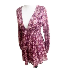 Free People Keep You Floral Moni Dress Plunging Neckline Long Sleeve Smocked thumbnail 5