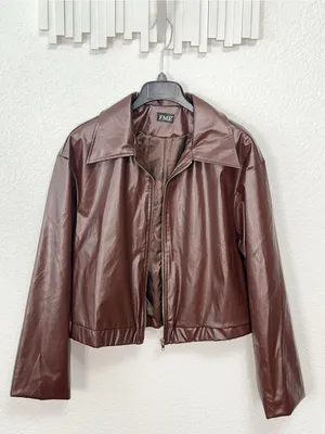 Amazon Brown Faux Leather Collared Zip Front Cropped Bomber Jacket thumbnail 3
