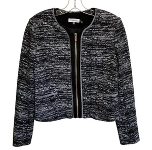 Calvin Klein‎ Black White Full Zip Career Blazer Jacket Womens 8 Classic thumbnail 1