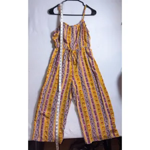 AUW Women Mustard Yellow Boho Striped Wide Leg Jumpsuit Large Floral Geometric thumbnail 10