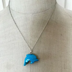 Carved Turquoise Dolphin Pendant Necklace thumbnail 3