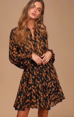 Lulus Sashay My Way Black Floral Print Long Sleeve Chiffon Mini Dress Sz M thumbnail 1