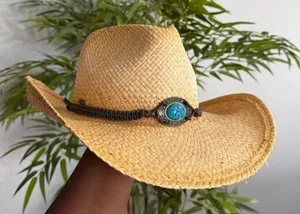 Western Turquoise Boho Cowboy Cowgirl Straw Hat Cap Festival Rave Coachella Fairy Rodeo Rancher Farm thumbnail 1