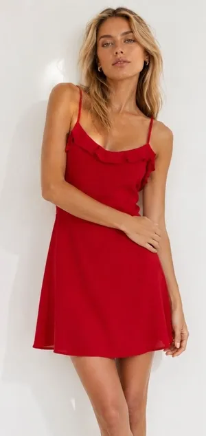 Everly Red Ruffle Mini Dress Flirty Resort Vaca S Parisian Quiet Luxury Coquette thumbnail 1