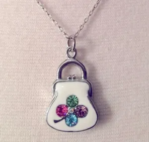 Vintage White Enamel Sterling Silver Rhodium Plated Crystal Purse Necklace thumbnail 2