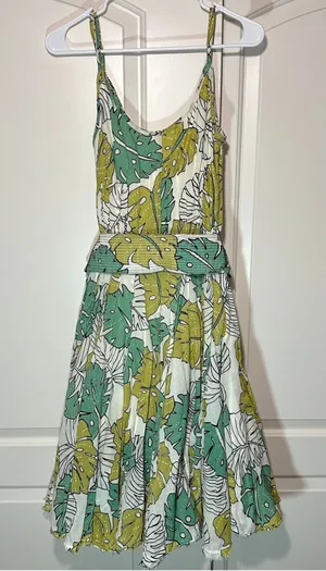 Tori Richard Tropical Leaf‎ Print Belted Mini Dress Green Boho Cotton Resort 4 thumbnail 1