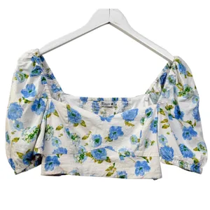 Zara Linen Blend Floral‎ Crop Top Puff Sleeve Smocked White Blue Women's M thumbnail 3