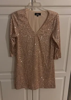 Lulus Rose Gold Sequin V-Neck Shift Mini Dress 3/4 Sleeve Small thumbnail 1