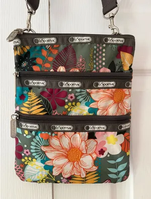 LeSportsac Quinn Crossbody Bag Floral‎ Print Olive Green Nylon Triple Zip Travel thumbnail 1