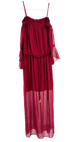 City Triangles burgundy sheer Maxi Dress S flowy bell sleeves boho off shoulder thumbnail 1