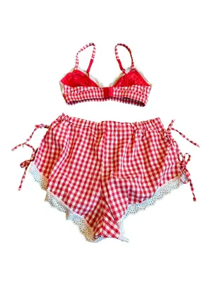 Colsie Red White Plaid Check Two Piece Outfit Set Crop Top Shorts Lace Size XS thumbnail 8