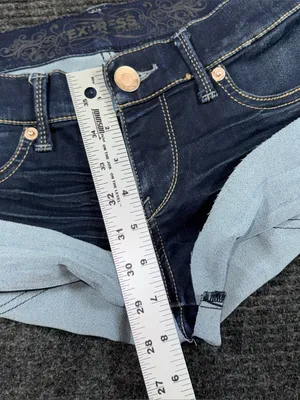 Vintage y2k Express Low Rise Micro Mini Jean Booty Shorts Dark Wash Sz 0 / 27” thumbnail 6