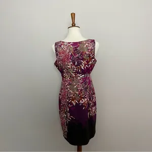 Tahari Dress Sheath Floral Botanical Leaves Lined Sleeveless Fuchsia Pink Purple thumbnail 7