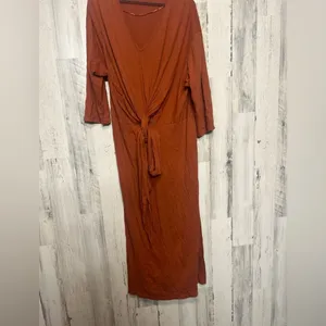 Zara Rust Orange Tie Front Maxi Dress Size M | V Neck 3/4 Sleeve Stretch thumbnail 3