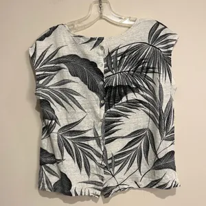 Tahari Shirt 100% Linen‎ Flax Off White Black Palm Cap Sleeve Button Back Medium thumbnail 2
