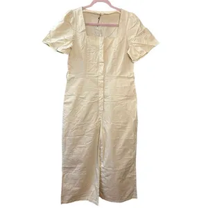 Mango Button‎ Up Belt Jumpsuit Cream Beige Size Medium Square Neck Feminine thumbnail 2