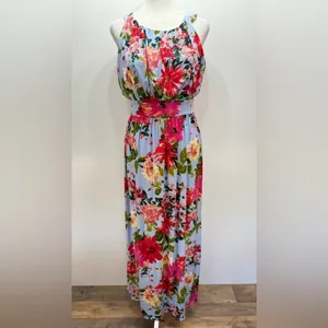 Tropical Floral Print Halter Maxi Dress Baby Blue Gilli ModCloth Vacation Party thumbnail 2