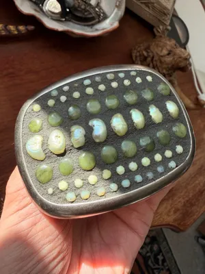 Western Boho Silver Gemstone Belt Buckle Pearls, Jade, Green Garnet, Chrysoprase thumbnail 4