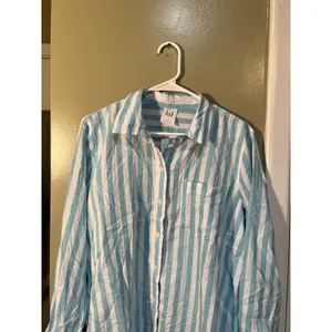 Gap Womens Sz Medium Linen Blend Easy Shirt Button Down Teal White Stripe Pocket thumbnail 4