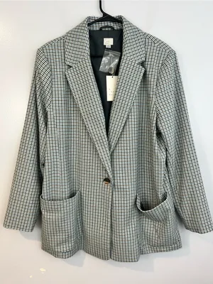 NWT A New Day Plaid White Blue Brown Oversized Preppy Blazer Jacket Size XXL thumbnail 2