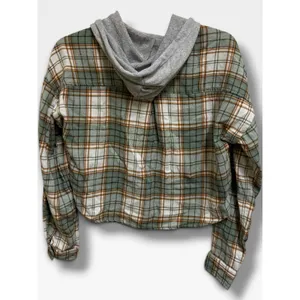 No Comment Plaid Hooded Cropped Flannel Shirt Green Gray Grunge Medium thumbnail 4