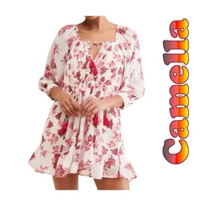 Free People Camella Mini Dress M Ivory and Pink Floral Bohemian 3/4‎ Sleeve thumbnail 3