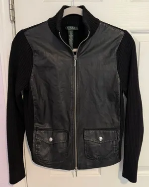 VTG Lauren Ralph Lauren Motorcycle Jacket PM Leather/Merino Wool Black Y2K Biker thumbnail 1