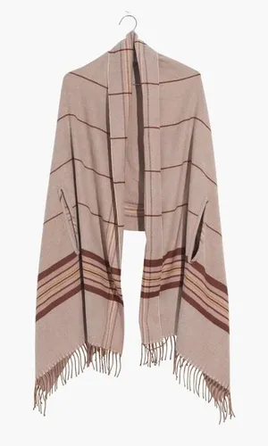 Madewell Placed Plaid Cape Scarf Poncho Fringe Armholes Beige Brown K4535 Preppy thumbnail 1