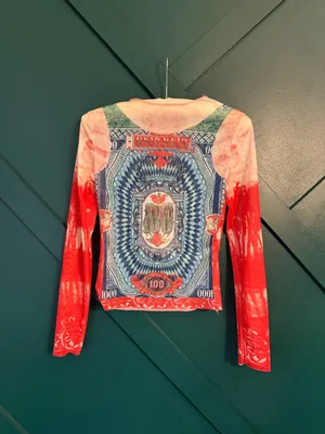 Y2K Mesh Money Print Long Sleeve Top Pink Tie Dye Baby Tee thumbnail 6