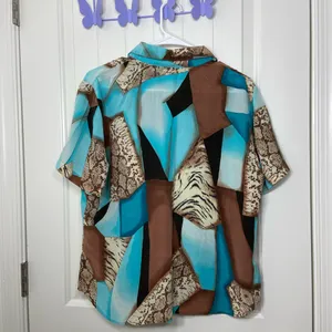 Vintage TESS women’s brown blue pattern 100% silk button front shirt‎ top large thumbnail 6