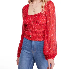 Free People Lolita Red Floral Long Sleeve Smocked Blouse thumbnail 2
