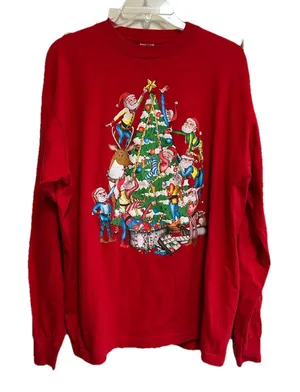 Fruit of the Loom Vintage Christmas T-Shirt Size XL Long Sleeve Santa Graphic Print Red USA thumbnail 1