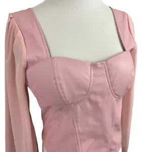 ASOS Parisian Bubblegum Pink Vegan Leather Bustier Sheer Sleeve Top 10 thumbnail 4