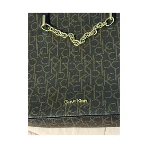 Calvin Klein Purse Tote Bag Black Shoulder Strap Gold Chain Pockets Zip Clos EUC thumbnail 2