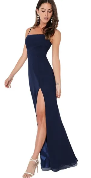Lulus Feeling Elegant Navy Blue Lace-Up Slit Maxi Dress size XS NWT thumbnail 1