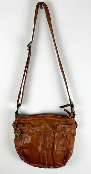 FOSSIL Brown Leather Stitched Adjustable Strap  Paisley Lined Shoulder Bag Boho thumbnail 1