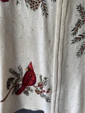 Heirloom Collectibles Christmas Collection XL Cream Knit Cardigan with Cardinal/ thumbnail 6