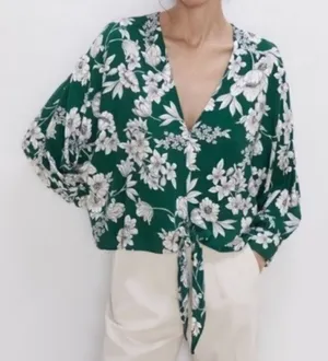 Zara Green White Floral Tie Blouse Top Women’s XS thumbnail 1