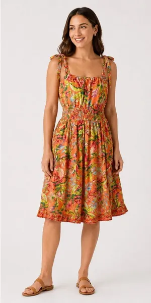 Lands' End Dress Women‎ Medium Orange Tropical Floral Smocked Tie Shoulder Midi thumbnail 1