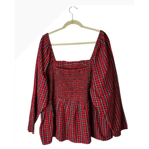 Old Navy Smocked Peplum Top Women 4X Red Tartan Plaid Square Neck Holiday Preppy thumbnail 3