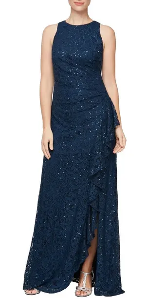 NWT Alex Evenings Sequin Ruched Ruffle A-Line Gown Maxi Dress Navy Blue Size 6 thumbnail 1