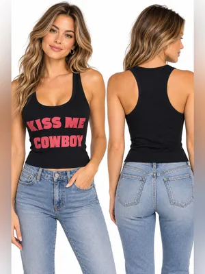 “Kiss Me Cowboy” Black Racerback Crop Tank Top Y2K Western Sz M thumbnail 2