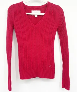 American Eagle Women Red Y2K Cable Knit Fisherman Preppy V-Neck Sweater Size S thumbnail 1