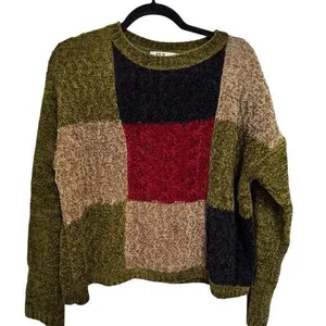 All Points Vintage Dark Colorblock Boxy Chenille Knit Sweater Womens Large thumbnail 1